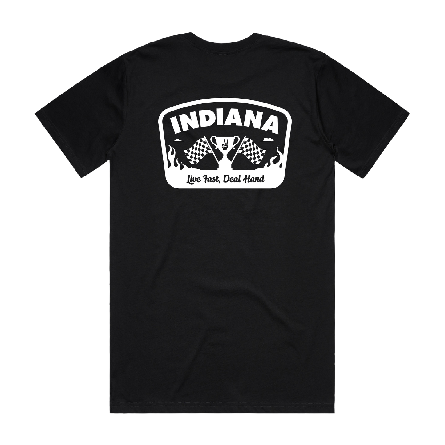 Black t-shirt with 'Indiana' graphic design on a white background