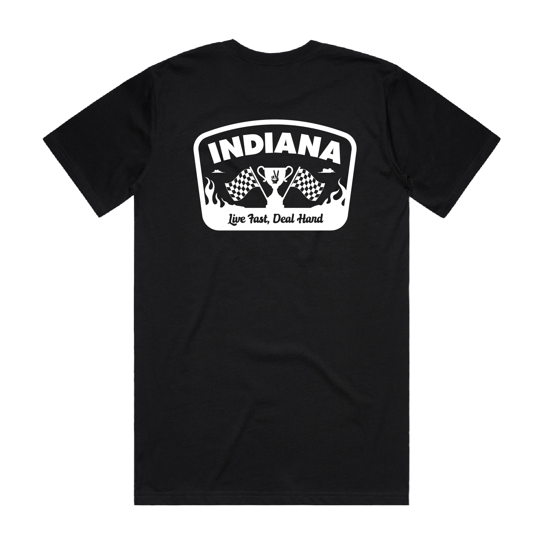 Black t-shirt with 'Indiana' graphic design on a white background
