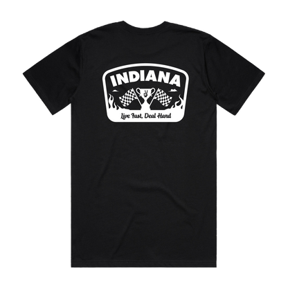 Black t-shirt with 'Indiana' graphic design on a white background