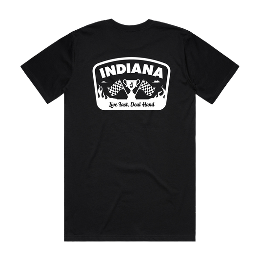 Black t-shirt with 'Indiana' graphic design on a white background